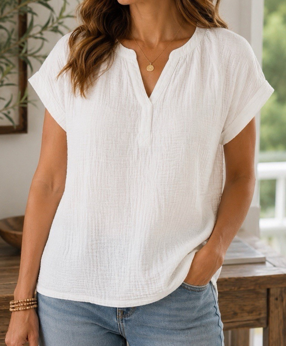 Lucky Brand White Double Gauze Cotton Split Neck Top Women’s XL Boho Casual
